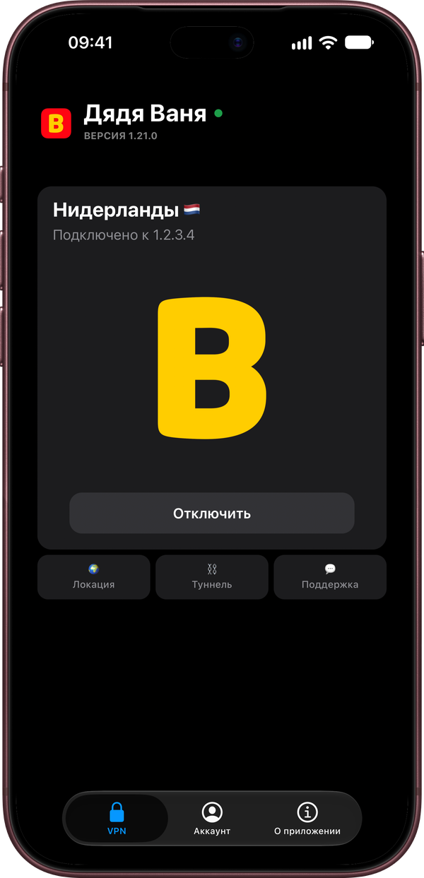 Приложение Дядя Ваня на iPhone: PROXY подключён, Нидерланды
