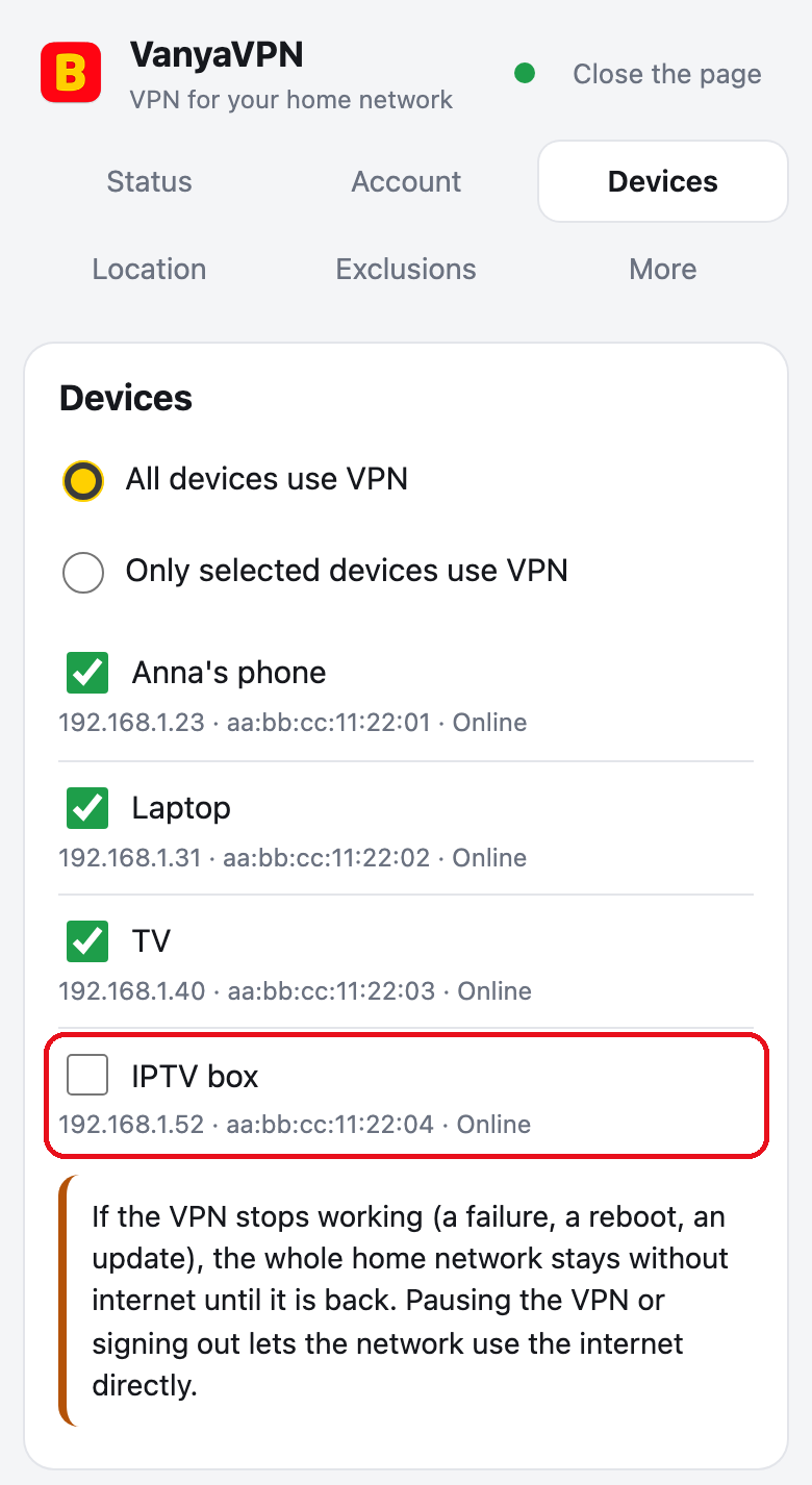 Router page, Devices tab with All devices use V⁠PN selected. The IPTV box is framed, it has no tick and goes online directly