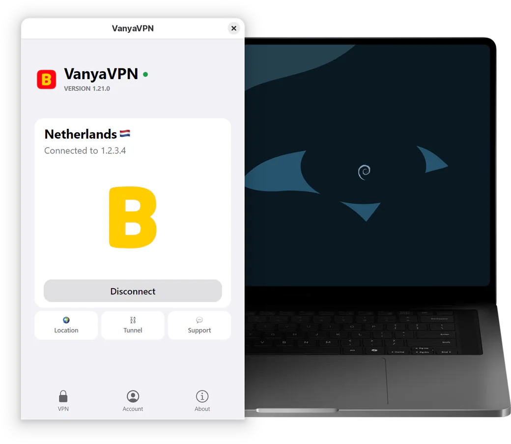 The VanyaPROXY window on a Debian laptop: connected, location Netherlands