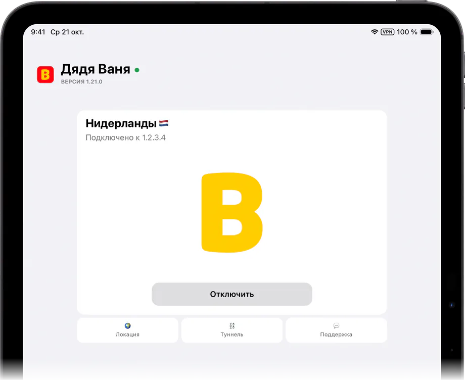 Приложение Дяди Вани на iPad: PROXY подключён, локация Нидерланды