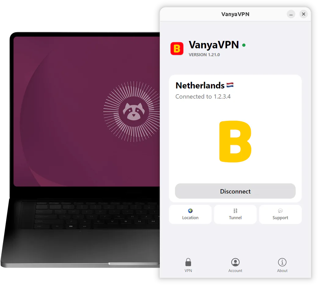 The VanyaPROXY window on an Ubuntu laptop: connected, location Netherlands