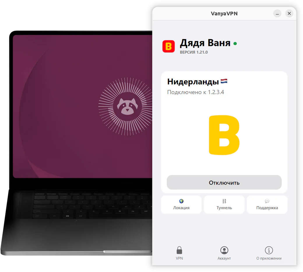 Окно VanyaPROXY в Ubuntu на ноутбуке: PROXY подключён, локация Нидерланды