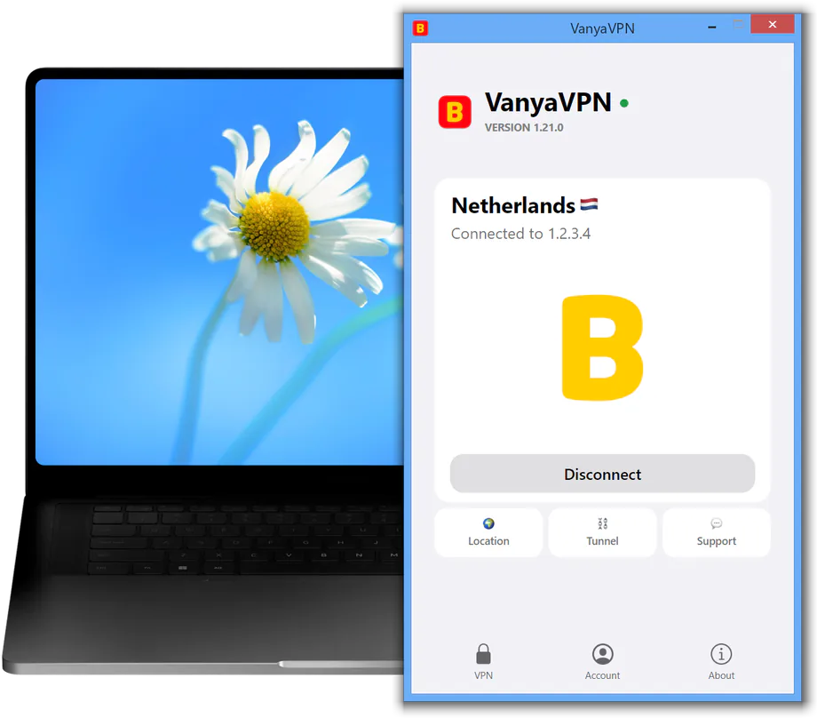 The VanyaPROXY window on a Windows 8 laptop: connected, location Netherlands