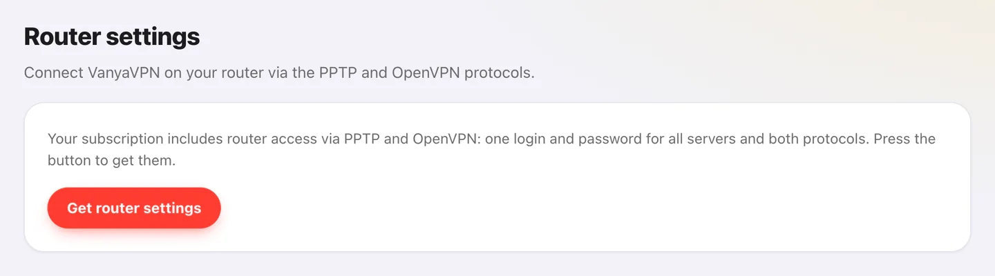 Router section of the VanyaPROXY account with the Get router settings button